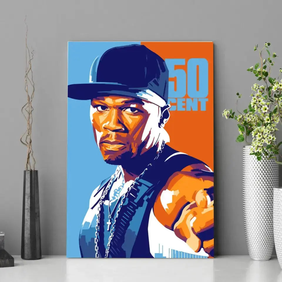 Tableau Décoratif 50Cent en affiche posée sur une étagère avec des vases