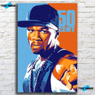 Tableau Décoratif 50Cent sur toile, accroché sur un mur de briques blanches