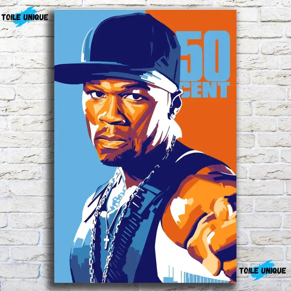 Tableau Décoratif 50Cent sur toile, accroché sur un mur de briques blanches