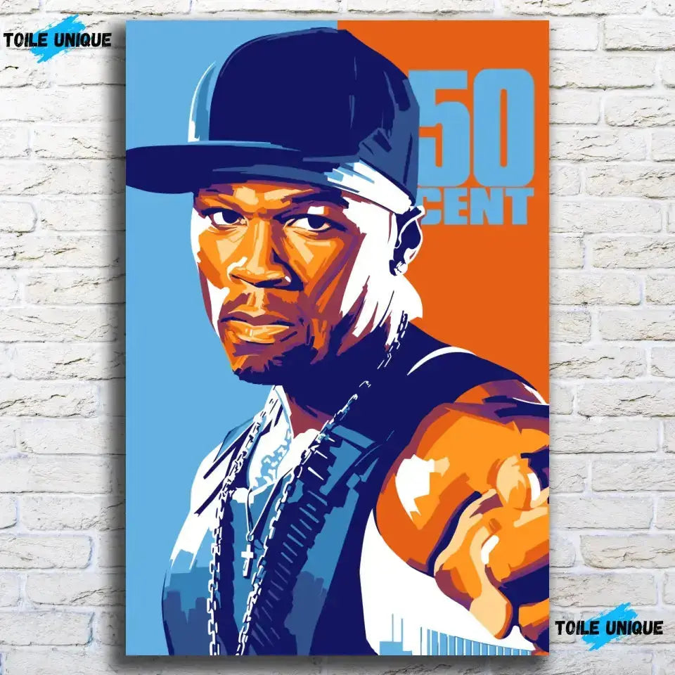 Tableau Décoratif 50Cent en verre acrylique, sur un mur de briques blanches