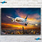 Tableau Décoratif avion de nuit sur toile, vue de face sur un mur de briques blanches