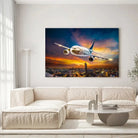 Tableau Décoratif avion de nuit sur toile, accrochée dans un salon lumineux au-dessus d'un canapé beige