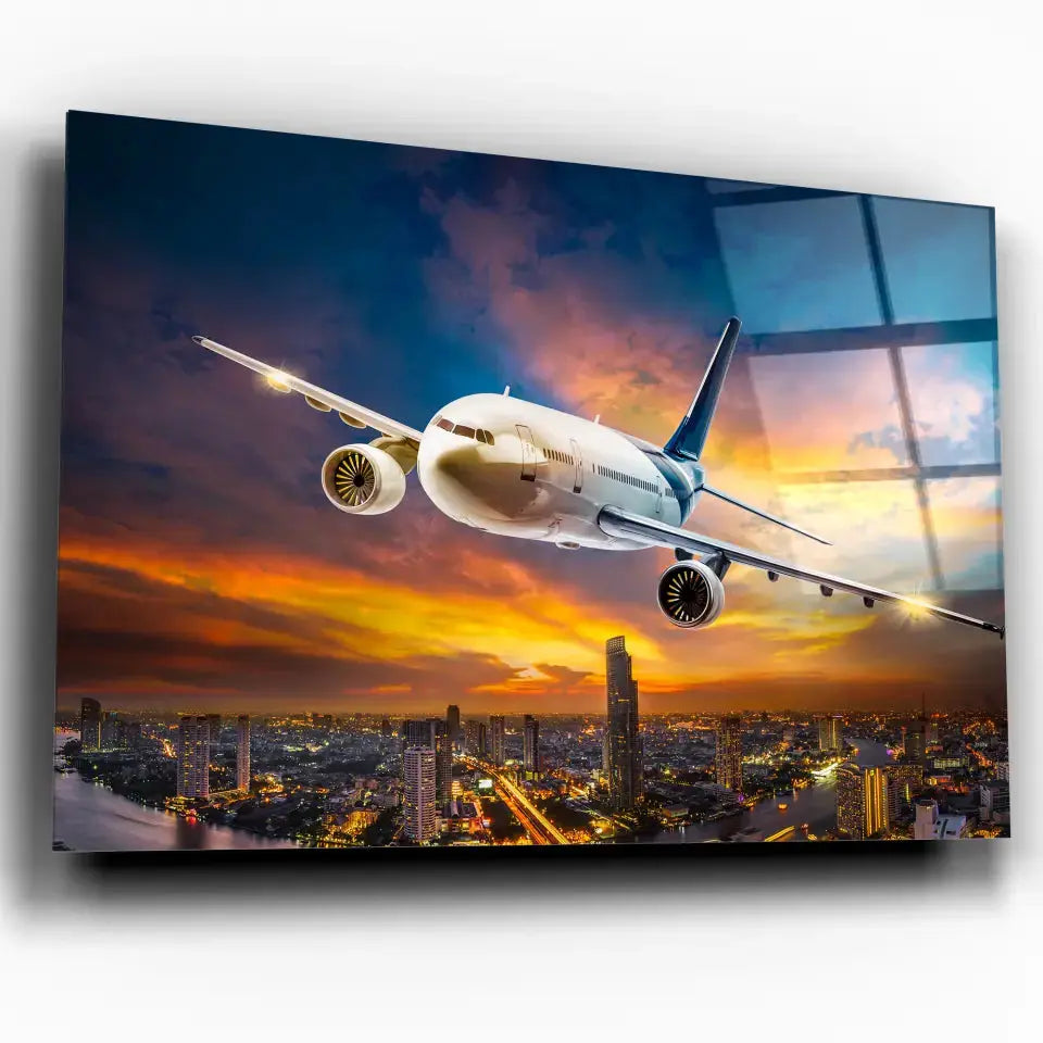 Tableau Décoratif avion de nuit en verre acrylique, vue inclinée sur fond blanc