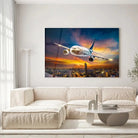 Tableau Décoratif avion de nuit en verre acrylique, accroché dans un salon lumineux au-dessus d'un canapé beige