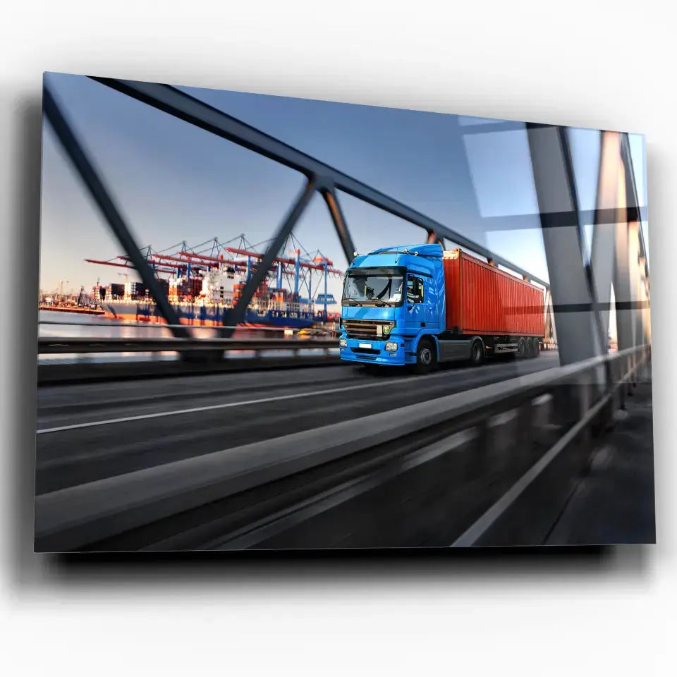 Tableau Décoratif camion remorque en verre acrylique, vue inclinée sur fond blanc