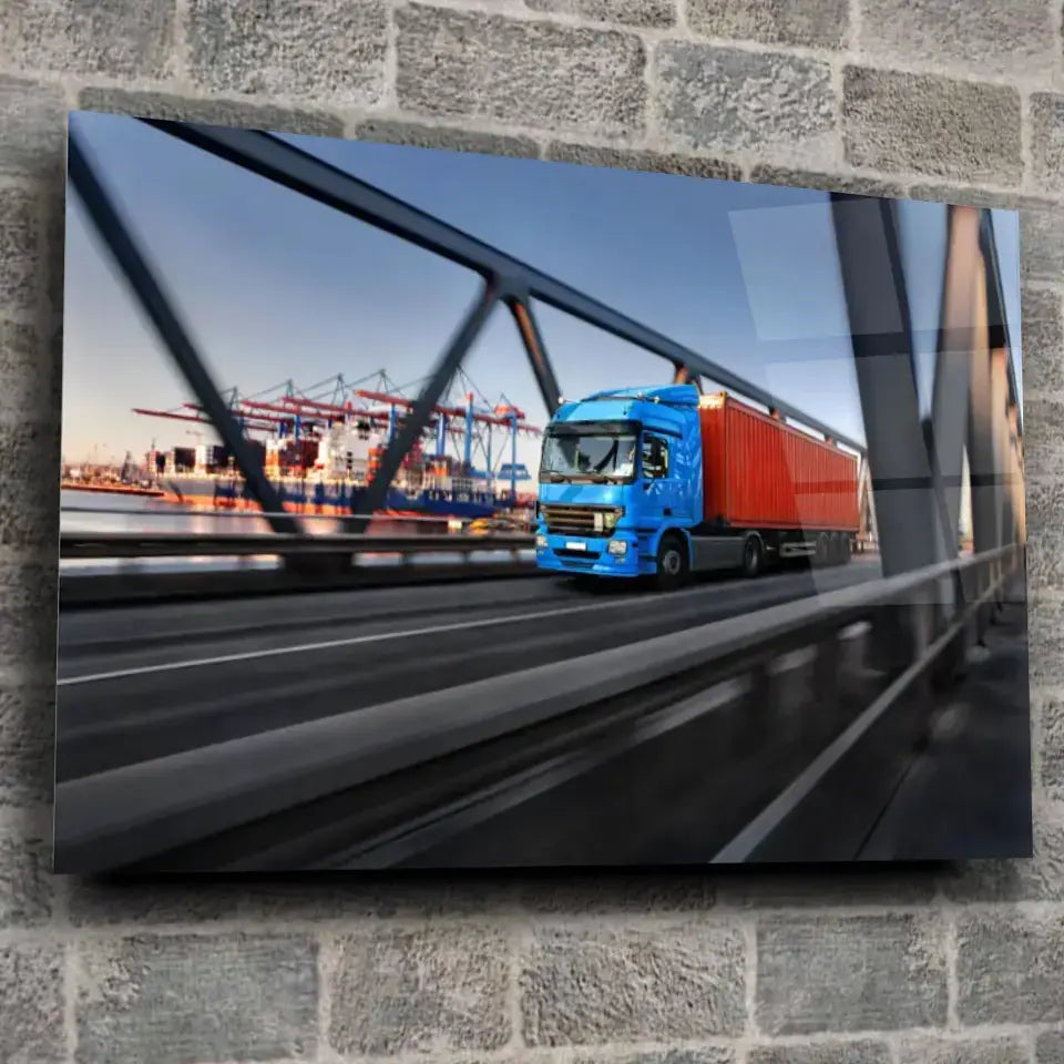 Tableau Décoratif camion remorque en verre acrylique, fixé sur un mur de pierre