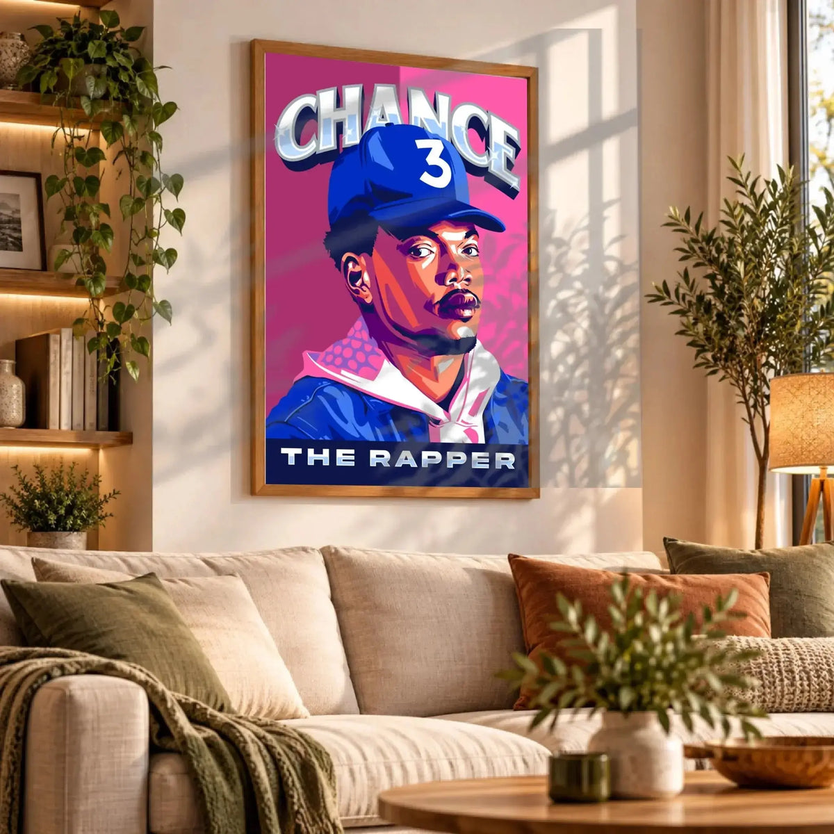 Tableau Décoratif Chance The Rapper en affiche encadrée bois dans un salon