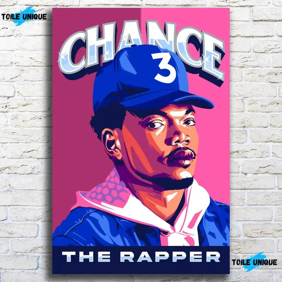 Tableau Décoratif Chance The Rapper sur toile, accroché sur un mur de briques blanches (vue 2)