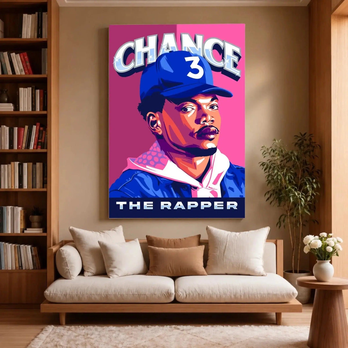 Tableau Décoratif Chance The Rapper sur toile, accroché dans un salon avec bibliothèque