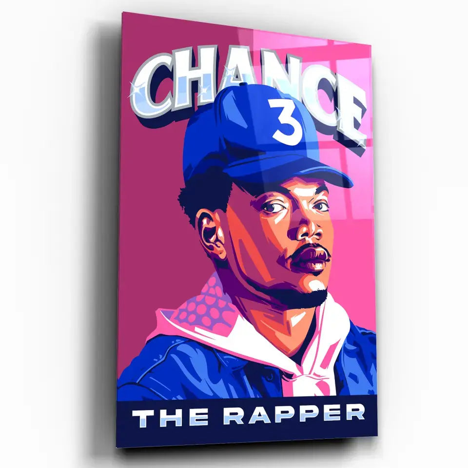 Tableau Décoratif Chance The Rapper en verre acrylique, vue inclinée sur fond blanc