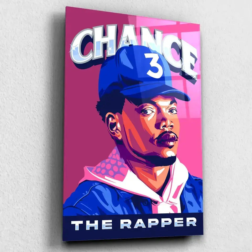 Tableau Décoratif Chance The Rapper en verre acrylique, vue inclinée sur fond clair