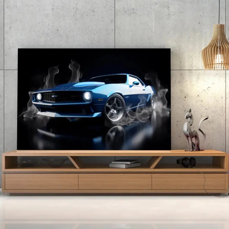 Tableau Décoratif Chevrolet Camaro 1969 sur toile, posée sur un meuble TV en bois devant un mur en béton