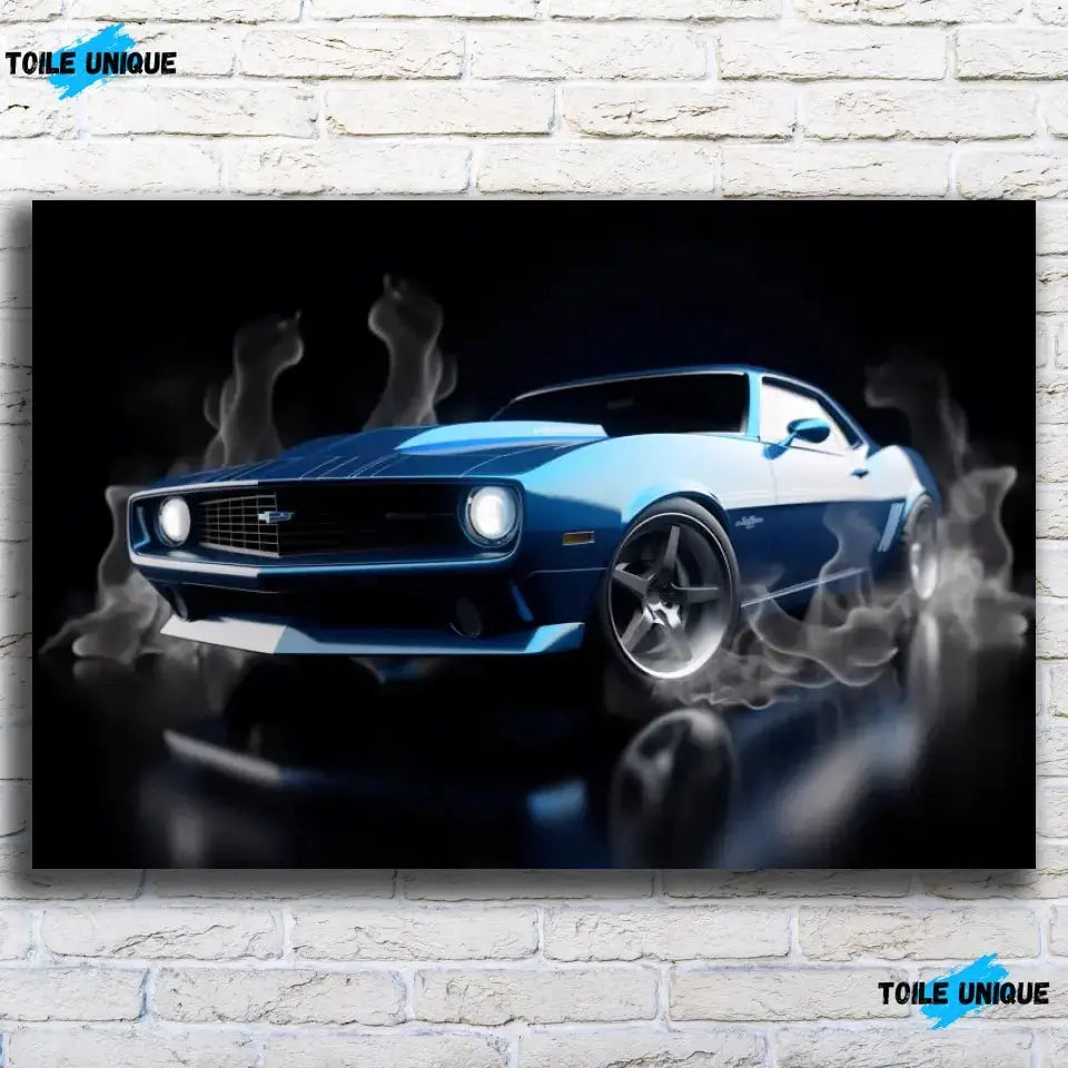 Tableau Décoratif Chevrolet Camaro 1969 sur toile, vue de face sur un mur de briques blanches