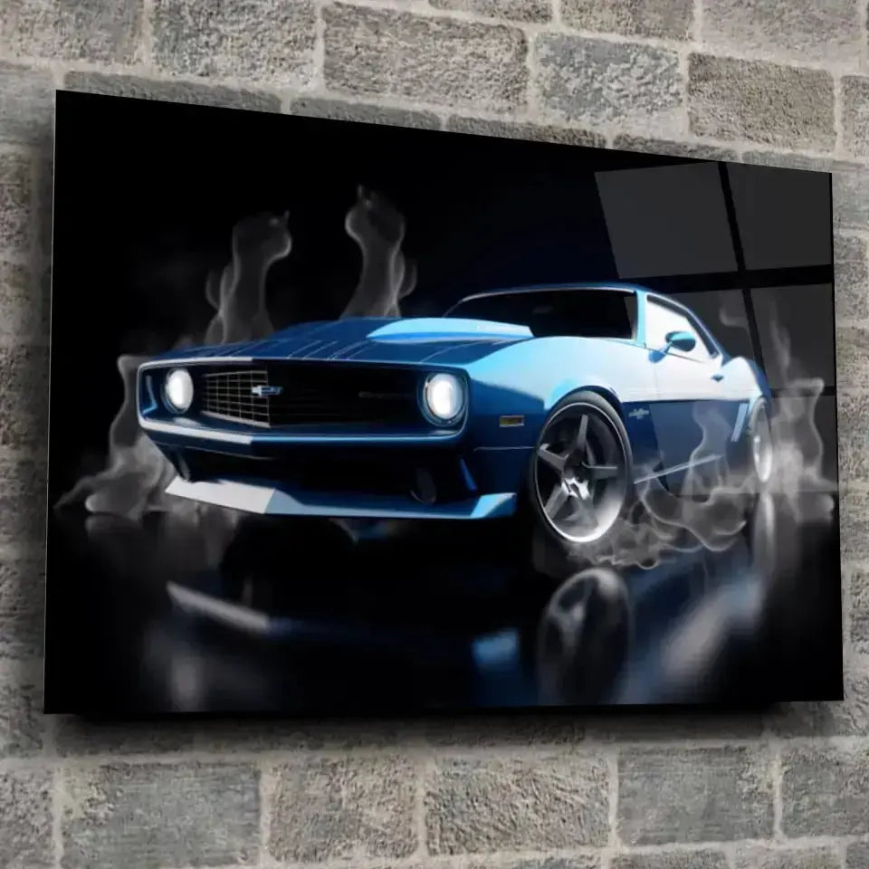 Tableau Décoratif Chevrolet Camaro 1969 en verre acrylique, fixé sur un mur de pierre