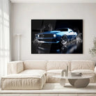 Tableau Décoratif Chevrolet Camaro 1969 en verre acrylique, accroché dans un salon lumineux au-dessus d'un canapé beige
