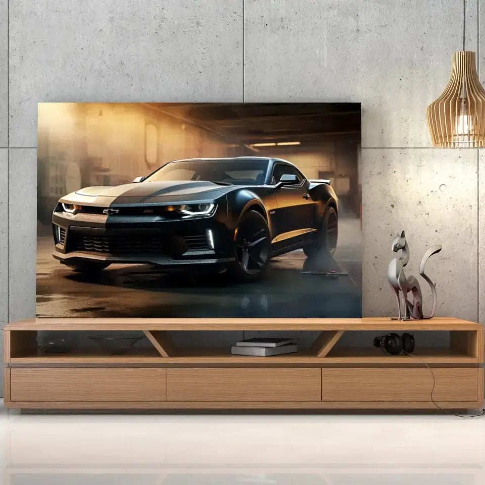 Tableau Décoratif Chevrolet Camaro Carbone sur toile, posée sur un meuble TV en bois devant un mur en béton