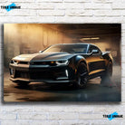 Tableau Décoratif Chevrolet Camaro Carbone sur toile, vue de face sur un mur de briques blanches