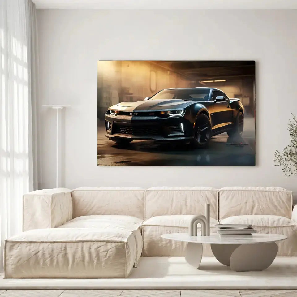 Tableau Décoratif Chevrolet Camaro Carbone sur toile, accrochée dans un salon lumineux au-dessus d'un canapé beige