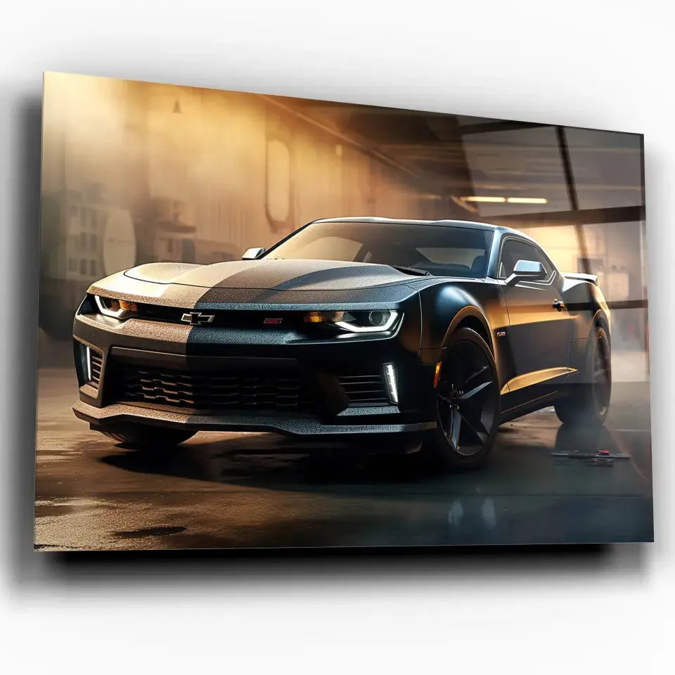 Tableau Décoratif Chevrolet Camaro Carbone en verre acrylique, vue inclinée sur fond blanc