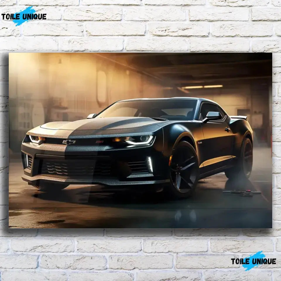 Tableau Décoratif Chevrolet Camaro Carbone en verre acrylique, vue de face sur un mur de briques blanches