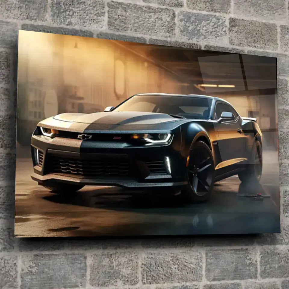 Tableau Décoratif Chevrolet Camaro Carbone en verre acrylique, fixé sur un mur de pierre
