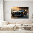 Tableau Décoratif Chevrolet Camaro Carbone en verre acrylique, accroché dans un salon lumineux au-dessus d'un canapé beige