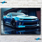 Tableau Décoratif Chevrolet Camaro SS sur toile, vue de face sur un mur de briques blanches