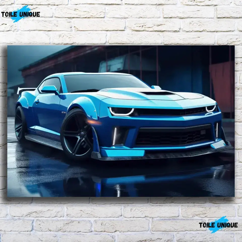 Tableau Décoratif Chevrolet Camaro SS sur toile, vue de face sur un mur de briques blanches