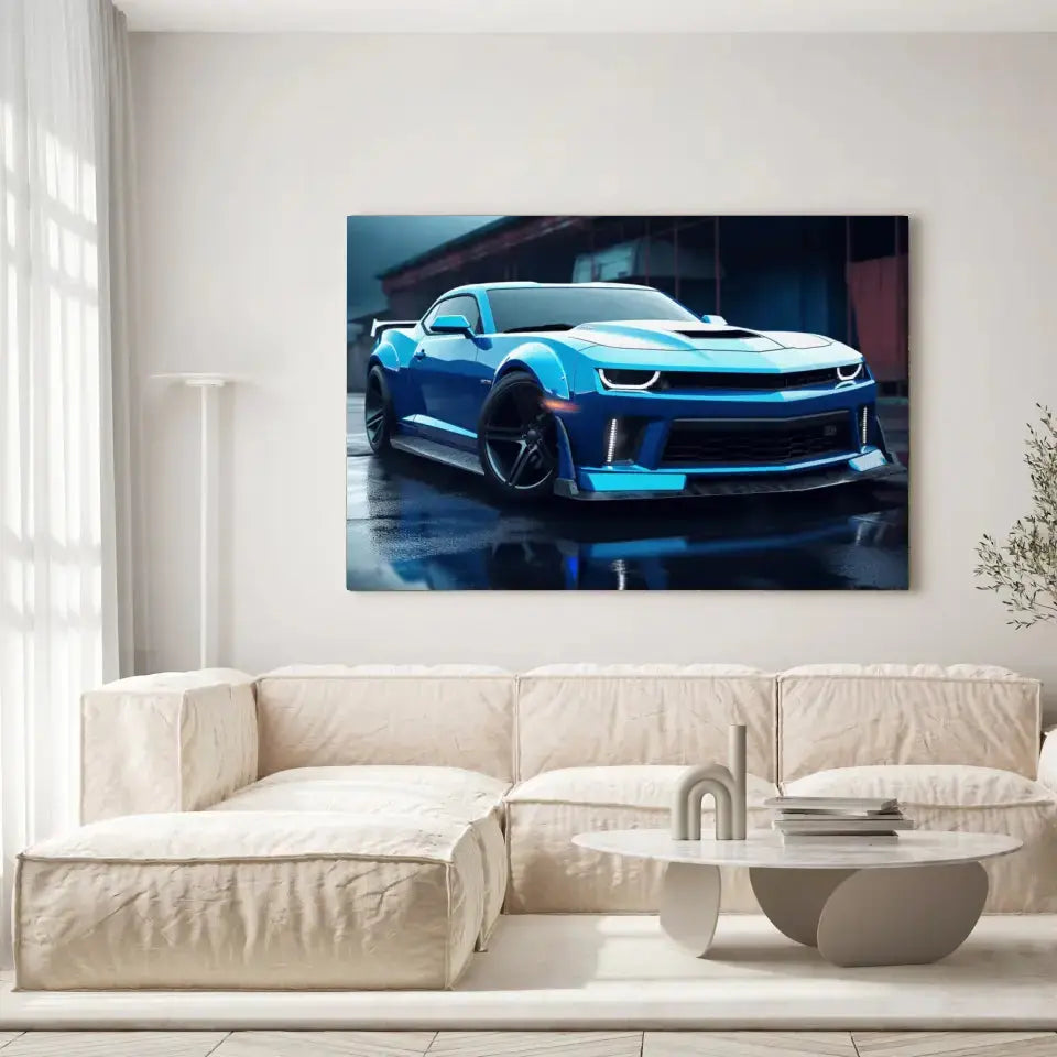 Tableau Décoratif Chevrolet Camaro SS sur toile, accrochée dans un salon lumineux au-dessus d'un canapé beige