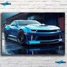 Tableau Décoratif Chevrolet Camaro SS en verre acrylique, vue de face sur un mur de briques blanches
