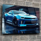 Tableau Décoratif Chevrolet Camaro SS en verre acrylique, fixé sur un mur de pierre