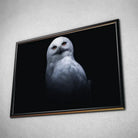 Tableau Décoratif Chouette Blanche en affiche dans un cadre noir, vue inclinée sur un mur gris