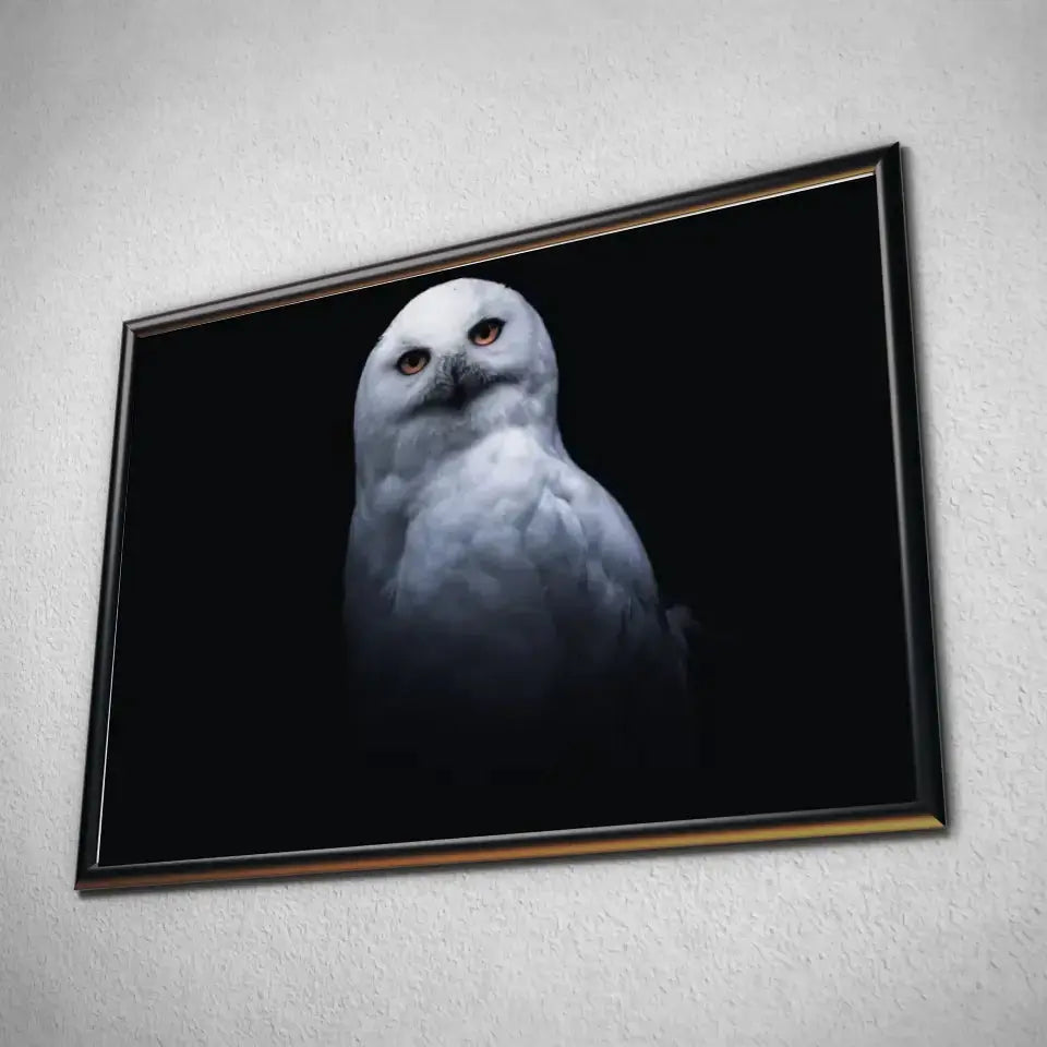 Tableau Décoratif Chouette Blanche en affiche dans un cadre noir, vue inclinée sur un mur gris