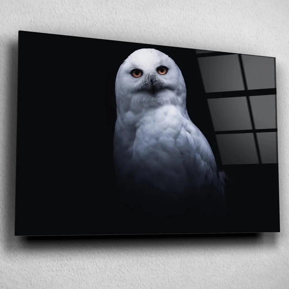 Tableau Décoratif Chouette Blanche en verre acrylique, vue inclinée sur un mur gris clair