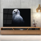 Tableau Décoratif Chouette Blanche en verre acrylique, posé sur un meuble TV en bois devant un mur en béton