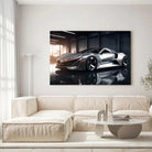 Tableau Décoratif Concept car sur toile, accrochée dans un salon lumineux au-dessus d'un canapé beige