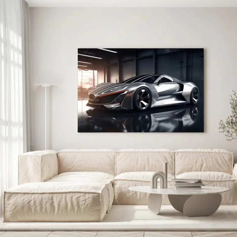 Tableau Décoratif Concept car sur toile, accrochée dans un salon lumineux au-dessus d'un canapé beige