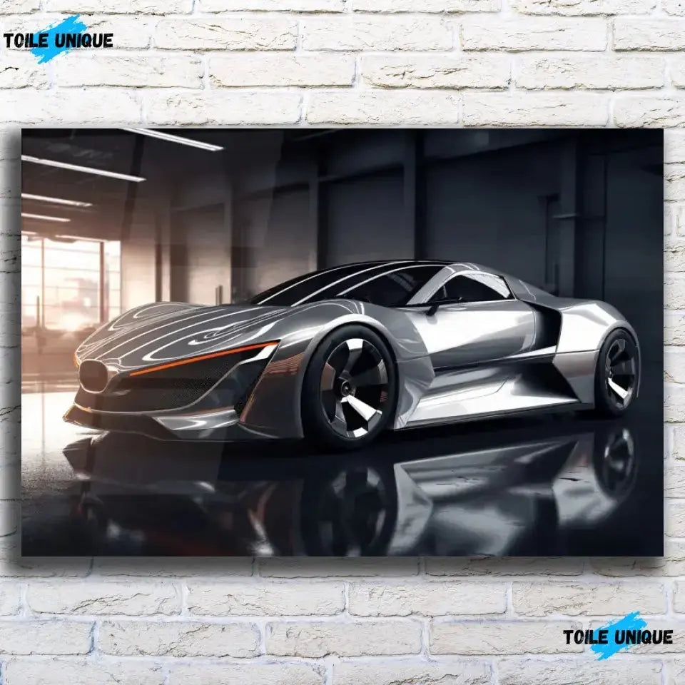 Tableau Décoratif Concept car en verre acrylique, vue de face sur un mur de briques blanches