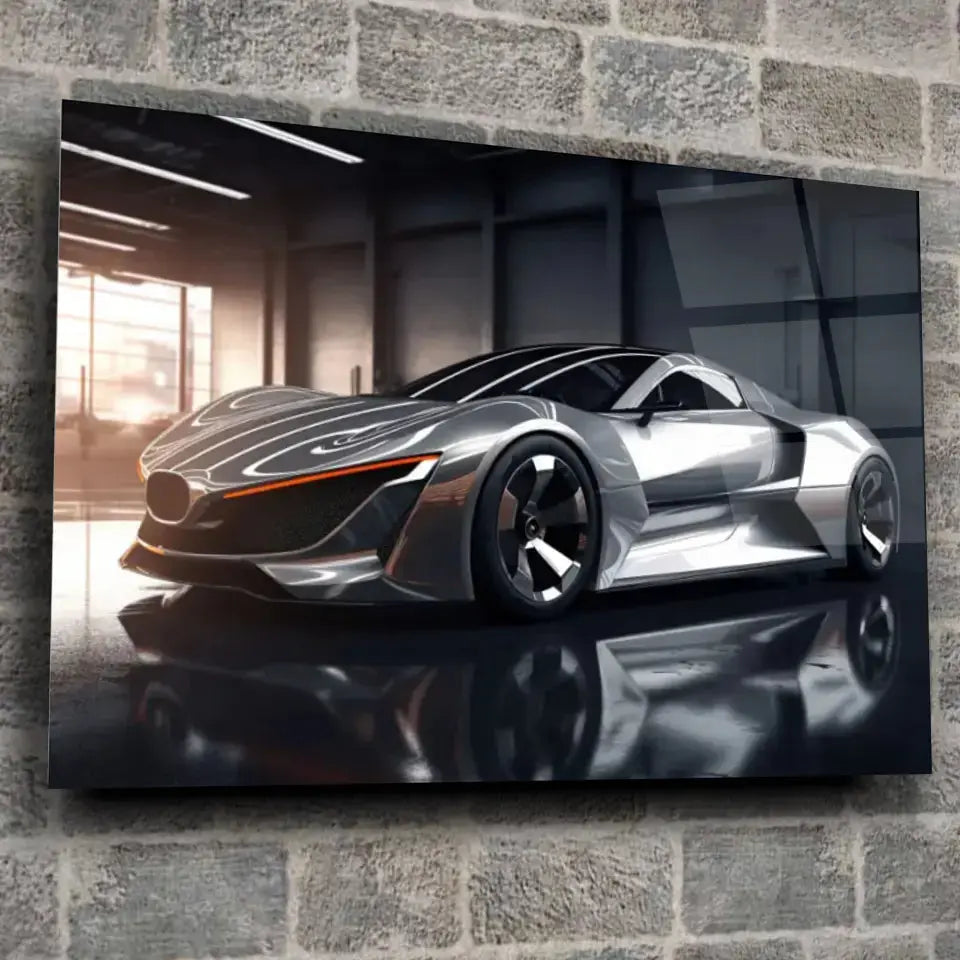 Tableau Décoratif Concept car en verre acrylique, fixé sur un mur de pierre