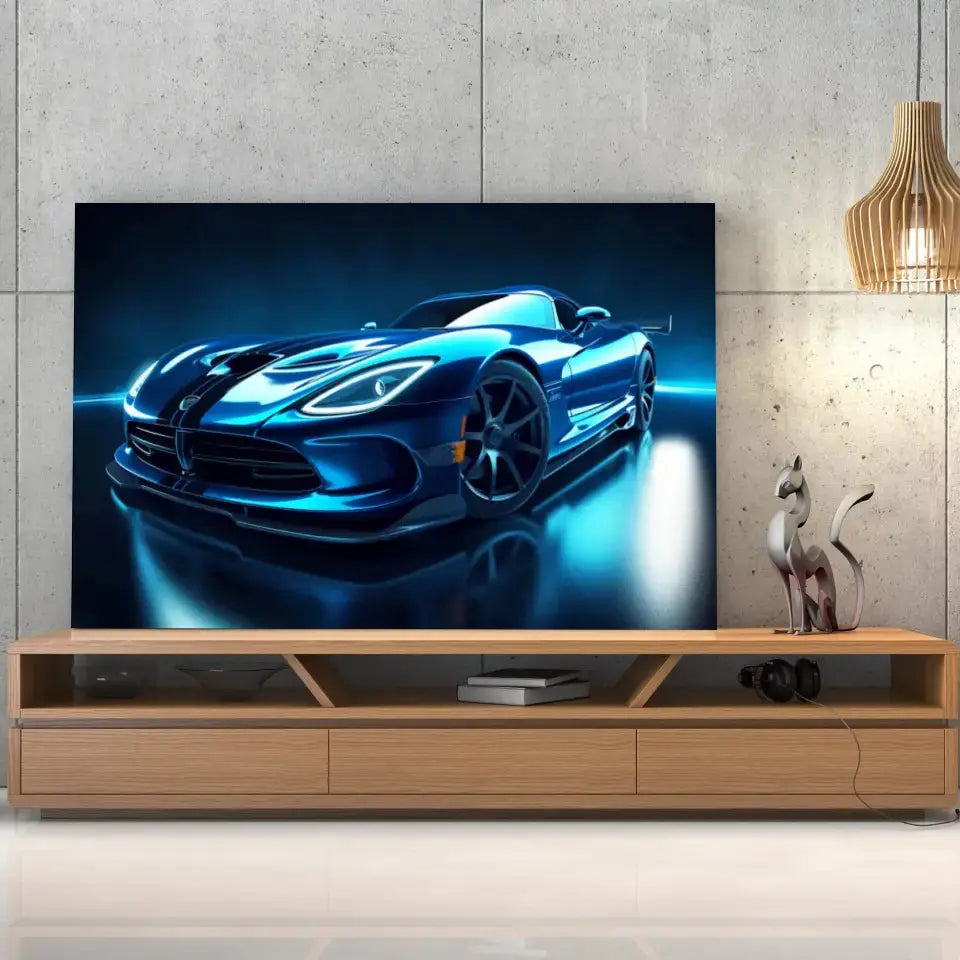 Tableau Décoratif Dodge Viper sur toile, posée sur un meuble TV en bois devant un mur en béton