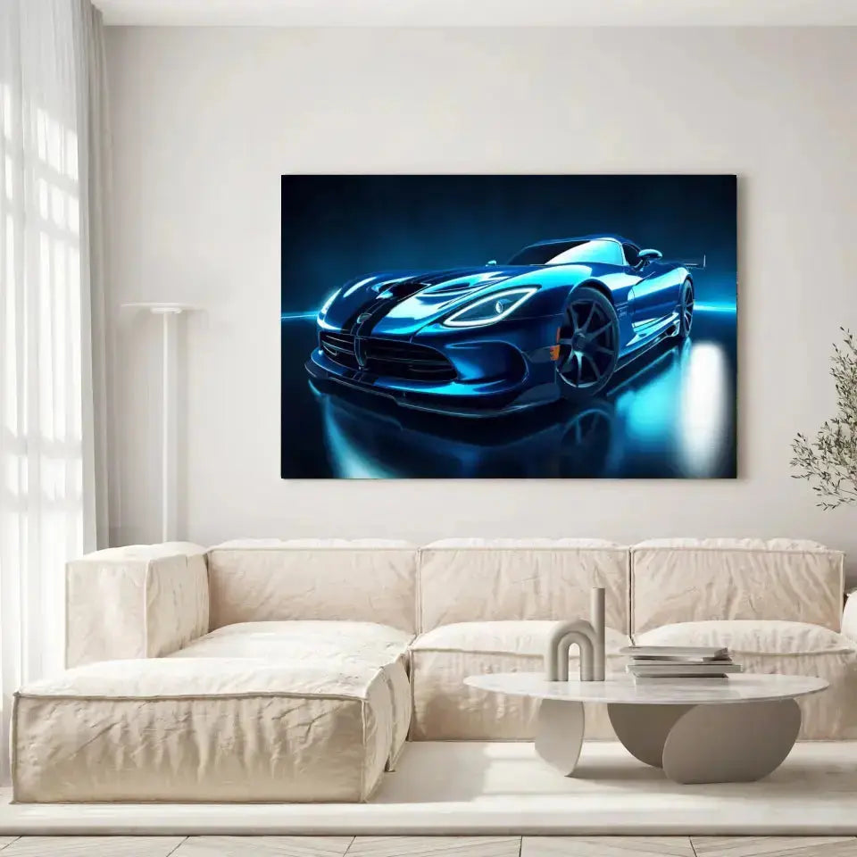 Tableau Décoratif Dodge Viper sur toile, accrochée dans un salon lumineux au-dessus d'un canapé beige