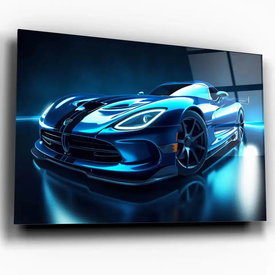 Tableau Décoratif Dodge Viper en verre acrylique, vue inclinée sur fond blanc