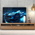 Tableau Décoratif Dodge Viper en verre acrylique, posé sur un meuble TV en bois devant un mur en béton