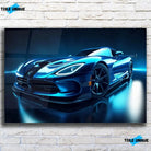Tableau Décoratif Dodge Viper en verre acrylique, vue de face sur un mur de briques blanches