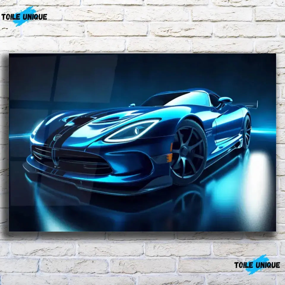 Tableau Décoratif Dodge Viper en verre acrylique, vue de face sur un mur de briques blanches