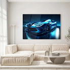 Tableau Décoratif Dodge Viper en verre acrylique, accroché dans un salon lumineux au-dessus d'un canapé beige