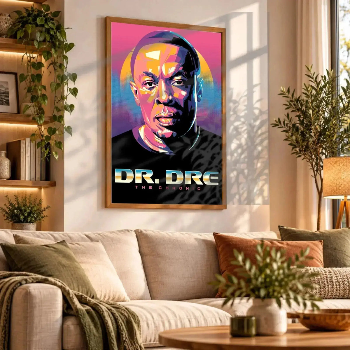 Tableau Décoratif Dr Dre en affiche encadrée bois dans un salon