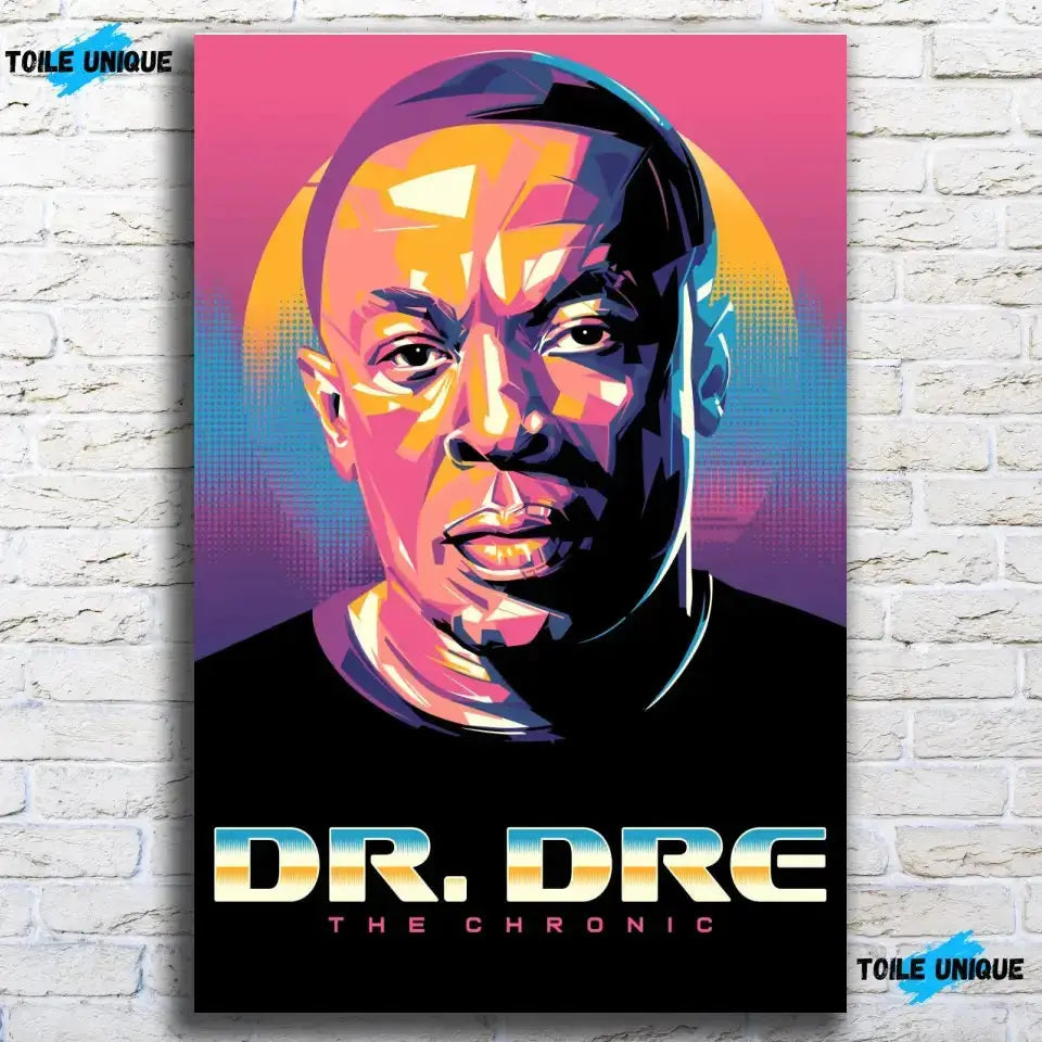 Tableau Décoratif Dr Dre sur toile, accroché sur un mur de briques blanches