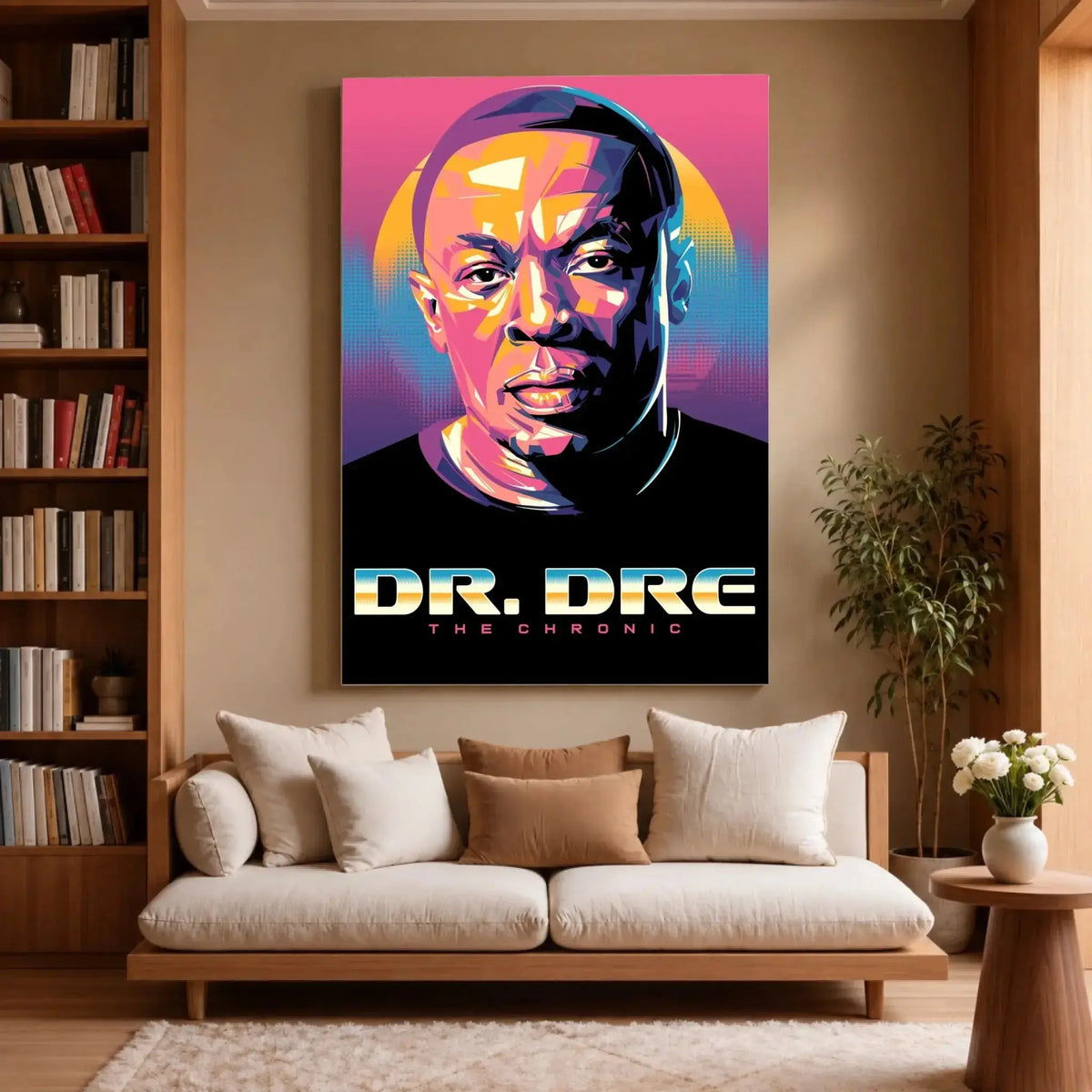 Tableau Décoratif Dr Dre sur toile, accroché dans un salon avec bibliothèque