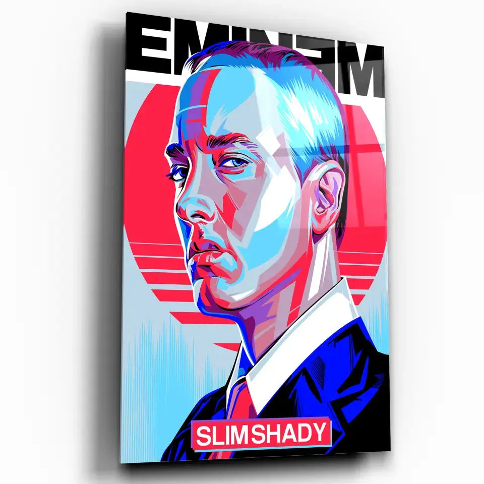Tableau Décoratif Eminem Slim Shady en verre acrylique, vue inclinée sur fond blanc